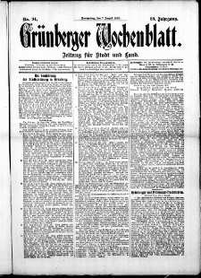Gr&uuml;nberger Wochenblatt: Zeitung f&uuml;r Stadt und Land, No. 94. (7. August 1913)