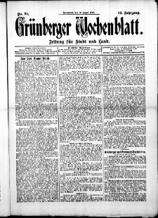 Gr&uuml;nberger Wochenblatt: Zeitung f&uuml;r Stadt und Land, No. 98. (16. August 1913)