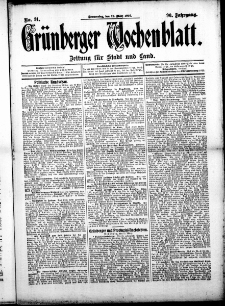 Gr&uuml;nberger Wochenblatt: Zeitung f&uuml;r Stadt und Land, No. 31. (12. M&auml;rz 1914)