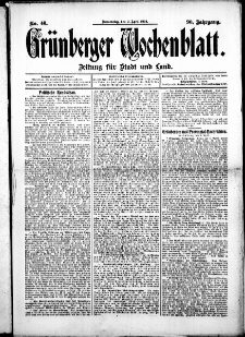 Gr&uuml;nberger Wochenblatt: Zeitung f&uuml;r Stadt und Land, No. 40. (2. April 1914)
