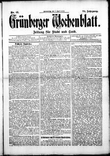 Grünberger Wochenblatt: Zeitung für Stadt und Land, No. 43. (9. April 1914)