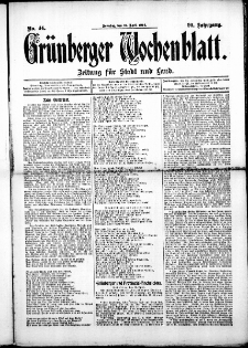 Gr&uuml;nberger Wochenblatt: Zeitung f&uuml;r Stadt und Land, No. 44. (12. April 1914)