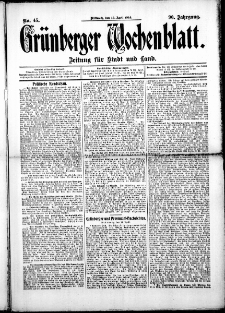 Grünberger Wochenblatt: Zeitung für Stadt und Land, No. 45. (15. April 1914)