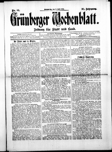 Gr&uuml;nberger Wochenblatt: Zeitung f&uuml;r Stadt und Land, No. 82. (9. Juli 1914)