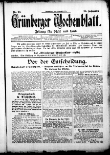 Grünberger Wochenblatt: Zeitung für Stadt und Land, No. 92. (1. August 1914)