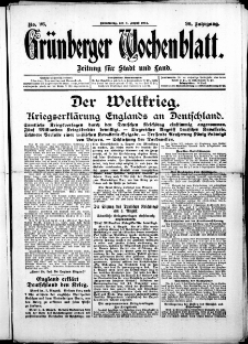 Gr&uuml;nberger Wochenblatt: Zeitung f&uuml;r Stadt und Land, No. 96. (6. August 1914)