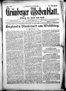 Gr&uuml;nberger Wochenblatt: Zeitung f&uuml;r Stadt und Land, No. 107. (19. August 1914)