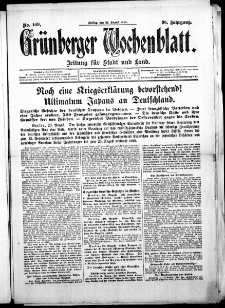 Gr&uuml;nberger Wochenblatt: Zeitung f&uuml;r Stadt und Land, No. 109. (21. August 1914)