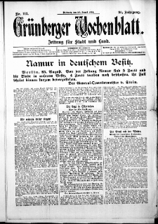 Gr&uuml;nberger Wochenblatt: Zeitung f&uuml;r Stadt und Land, No. 113. (26. August 1914)