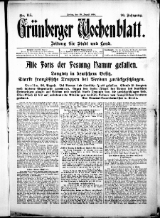 Grünberger Wochenblatt: Zeitung für Stadt und Land, No. 115. (28. August 1914)