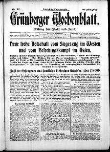 Gr&uuml;nberger Wochenblatt: Zeitung f&uuml;r Stadt und Land, No. 122. (5. September 1914)