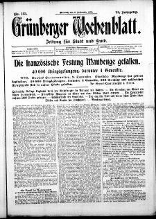 Grünberger Wochenblatt: Zeitung für Stadt und Land, No. 125. (9. September 1914)