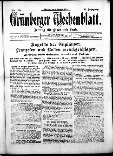 Gr&uuml;nberger Wochenblatt: Zeitung f&uuml;r Stadt und Land, No. 179. (11. November 1914)