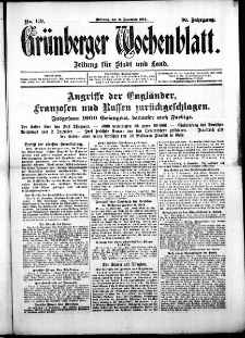 Grünberger Wochenblatt: Zeitung für Stadt und Land, No. 179. (11. November 1914)
