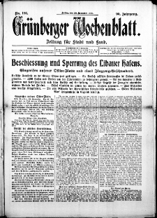 Grünberger Wochenblatt: Zeitung für Stadt und Land, No. 186. (20. November 1914)