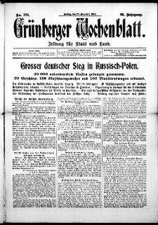 Gr&uuml;nberger Wochenblatt: Zeitung f&uuml;r Stadt und Land, No. 192. (27. November 1914)