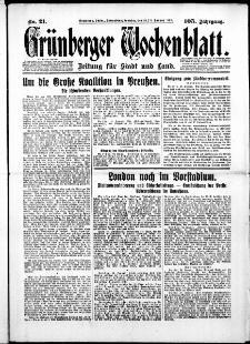 Gr&uuml;nberger Wochenblatt: Zeitung f&uuml;r Stadt und Land, No.21. ( 25./26. Januar 1930 )
