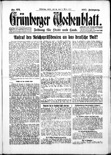 Gr&uuml;nberger Wochenblatt: Zeitung f&uuml;r Stadt und Land, No.62. ( 14. M&auml;rz 1930 )