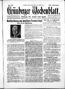 Gr&uuml;nberger Wochenblatt: Zeitung f&uuml;r Stadt und Land, No. 73. ( 27. M&auml;rz 1930 )