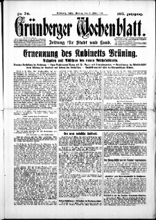 Gr&uuml;nberger Wochenblatt: Zeitung f&uuml;r Stadt und Land, No.76. ( 31. M&auml;rz 1930 )