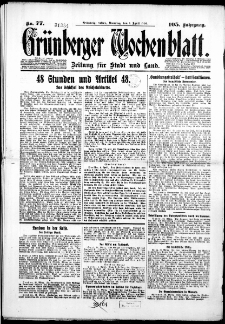 Gr&uuml;nberger Wochenblatt: Zeitung f&uuml;r Stadt und Land, No. 77. ( 1. April 1930 )