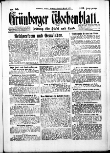 Gr&uuml;nberger Wochenblatt: Zeitung f&uuml;r Stadt und Land, No. 99. ( 29. April 1930 )