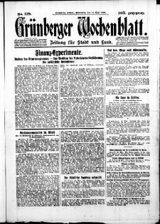 Gr&uuml;nberger Wochenblatt: Zeitung f&uuml;r Stadt und Land, No. 118. ( 21. Mai 1930 )