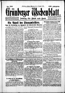 Gr&uuml;nberger Wochenblatt: Zeitung f&uuml;r Stadt und Land, No. 182. ( 6. August 1930 )