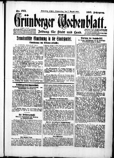 Gr&uuml;nberger Wochenblatt: Zeitung f&uuml;r Stadt und Land, No. 183. ( 7. August 1930 )