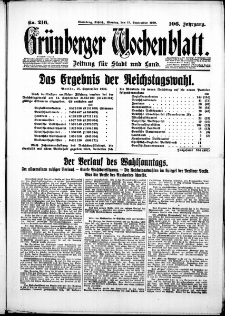 Gr&uuml;nberger Wochenblatt: Zeitung f&uuml;r Stadt und Land, No. 216. ( 15. September 1930 )