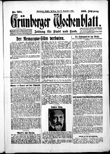 Gr&uuml;nberger Wochenblatt: Zeitung f&uuml;r Stadt und Land, No. 291. ( 12. Dezember 1930 )