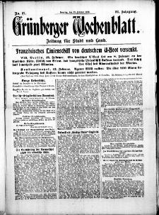Gr&uuml;nberger Wochenblatt: Zeitung f&uuml;r Stadt und Land, No. 37. (13. Februar 1916)