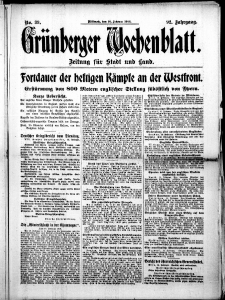 Gr&uuml;nberger Wochenblatt: Zeitung f&uuml;r Stadt und Land, No. 39. (16. Februar 1916)