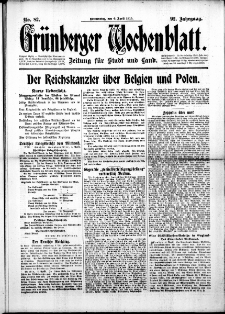Gr&uuml;nberger Wochenblatt: Zeitung f&uuml;r Stadt und Land, No. 82. (6. April 1916)