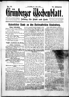 Gr&uuml;nberger Wochenblatt: Zeitung f&uuml;r Stadt und Land, No. 84. (8. April 1916)