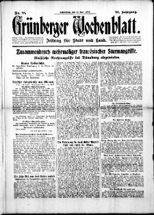 Gr&uuml;nberger Wochenblatt: Zeitung f&uuml;r Stadt und Land, No. 88. (13. April 1916)