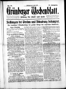 Grünberger Wochenblatt: Zeitung für Stadt und Land, No. 91. (16. April 1916)