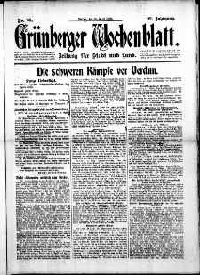 Gr&uuml;nberger Wochenblatt: Zeitung f&uuml;r Stadt und Land, No. 95. (21. April 1916)