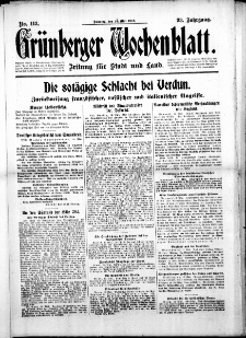 Gr&uuml;nberger Wochenblatt: Zeitung f&uuml;r Stadt und Land, No. 112. (13. Mai 1916)