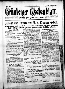 Gr&uuml;nberger Wochenblatt: Zeitung f&uuml;r Stadt und Land, No. 128. (1. Juni 1916)