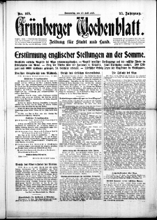 Gr&uuml;nberger Wochenblatt: Zeitung f&uuml;r Stadt und Land, No. 168. (20. Juli 1916)