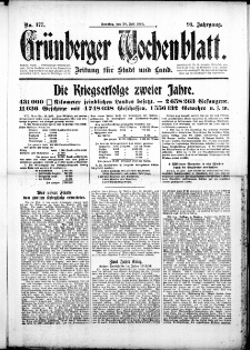 Gr&uuml;nberger Wochenblatt: Zeitung f&uuml;r Stadt und Land, No. 177. (30. Juli 1916)