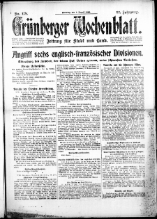 Gr&uuml;nberger Wochenblatt: Zeitung f&uuml;r Stadt und Land, No. 178. (1. August 1916)