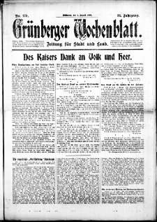 Gr&uuml;nberger Wochenblatt: Zeitung f&uuml;r Stadt und Land, No. 179. (2. August 1916)