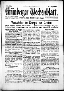 Gr&uuml;nberger Wochenblatt: Zeitung f&uuml;r Stadt und Land, No. 180. (3. August 1916)