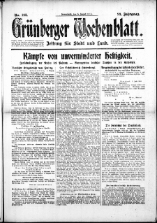 Gr&uuml;nberger Wochenblatt: Zeitung f&uuml;r Stadt und Land, No. 182. (5. August 1916)