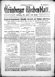 Gr&uuml;nberger Wochenblatt: Zeitung f&uuml;r Stadt und Land, No. 186. (10. August 1916)
