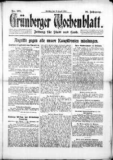 Gr&uuml;nberger Wochenblatt: Zeitung f&uuml;r Stadt und Land, No. 189. (13. August 1916)