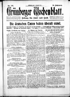 Gr&uuml;nberger Wochenblatt: Zeitung f&uuml;r Stadt und Land, No. 191. (16. August 1916)