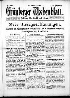 Gr&uuml;nberger Wochenblatt: Zeitung f&uuml;r Stadt und Land, No. 202. (29. August 1916)